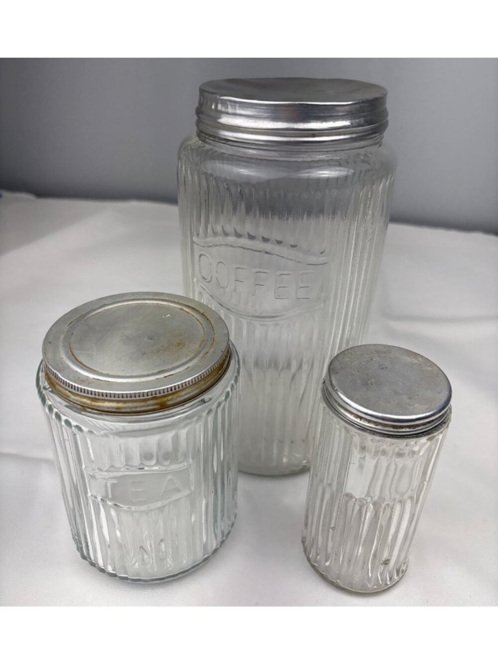 Hoosier Glass Coffee Tea Sugar Jars Metal Lids Set Ribbed Design Vintage